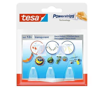 Eine Packung Tesa Powerstrips, 12 transparente Deko-Haken.
