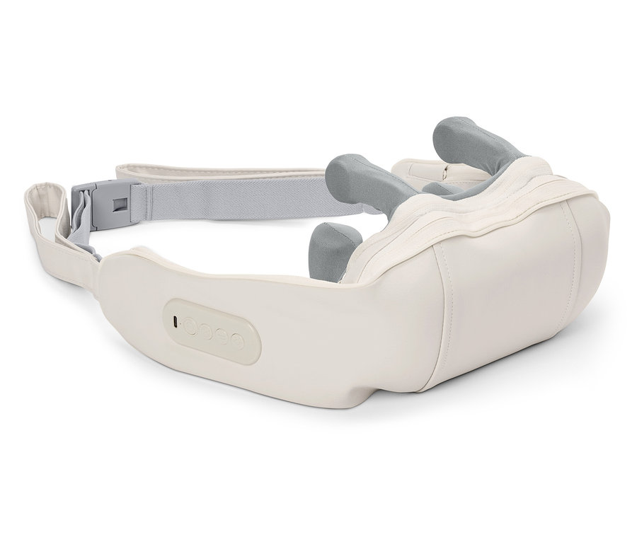 Nahaufnahme eines weißen Nackenmassagegeräts mit grauen Massageköpfen und verstellbarem Riemen.