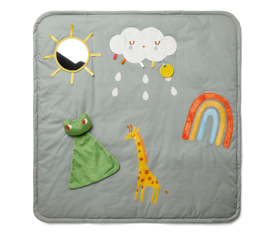Graue Baby-Activity-Decke mit Sonne, Wolke, Frosch, Giraffe und Regenbogen.