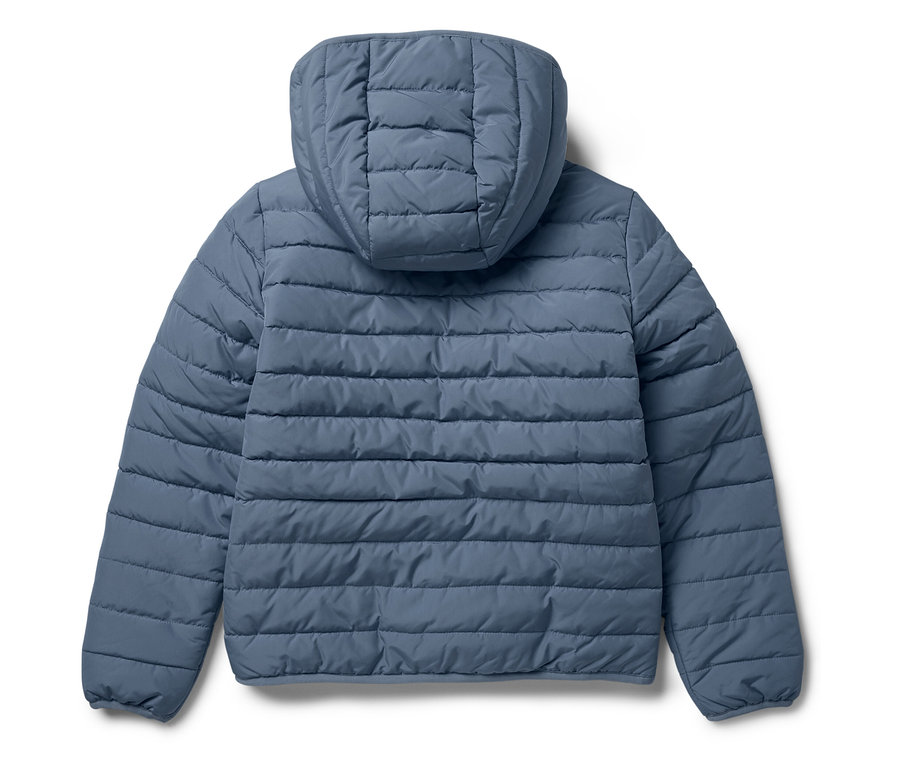 Blaue Steppjacke mit Kapuze, Rückansicht.