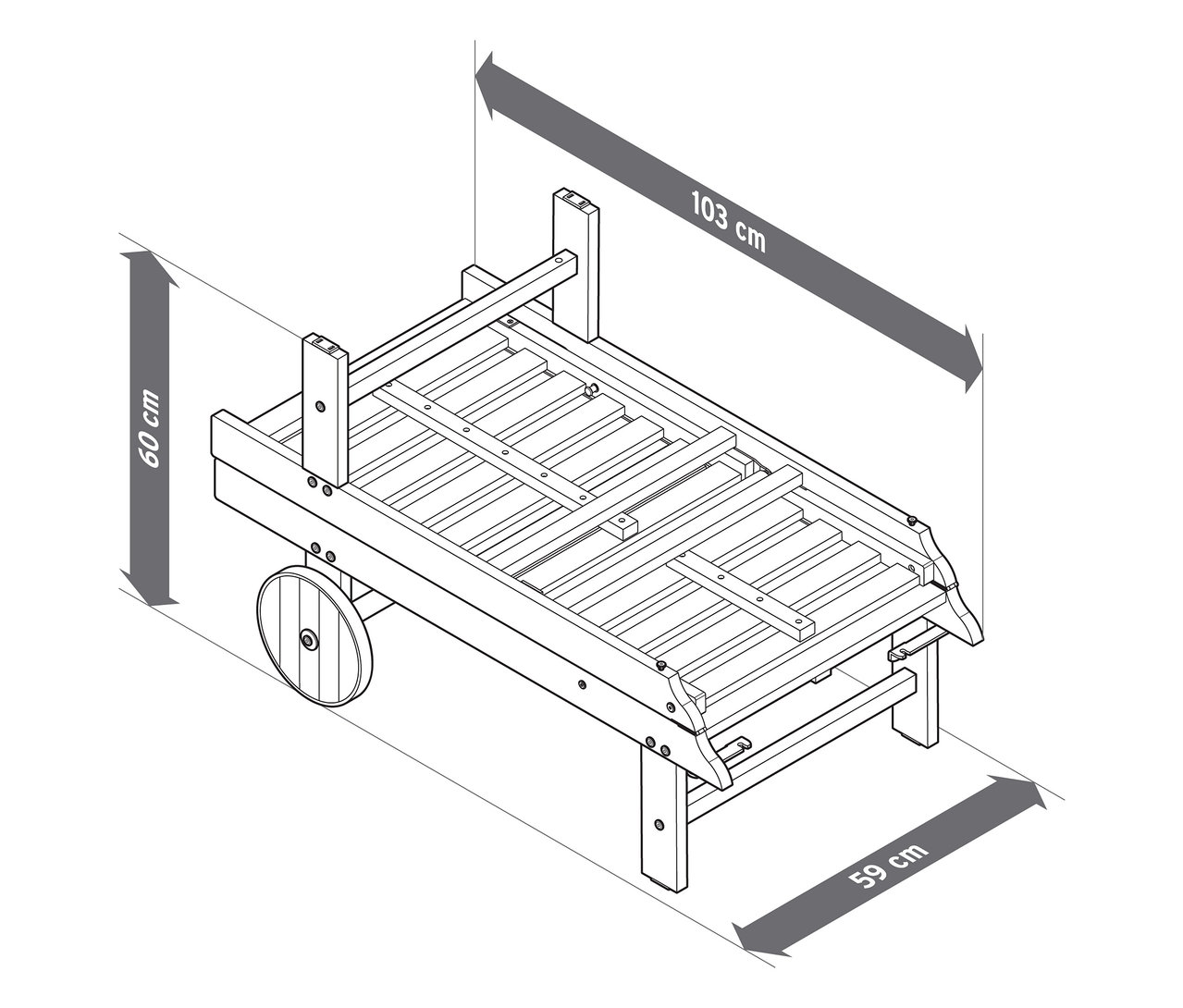 Abbildung einer klassischen Gartenliege mit den Massen 103 cm Länge, 60 cm Höhe und 59 cm Breite.