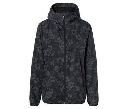 Eine schwarze, langärmlige Regenjacke mit Kapuze und Reißverschluss ist mit einem grauen Blumenmuster versehen.
