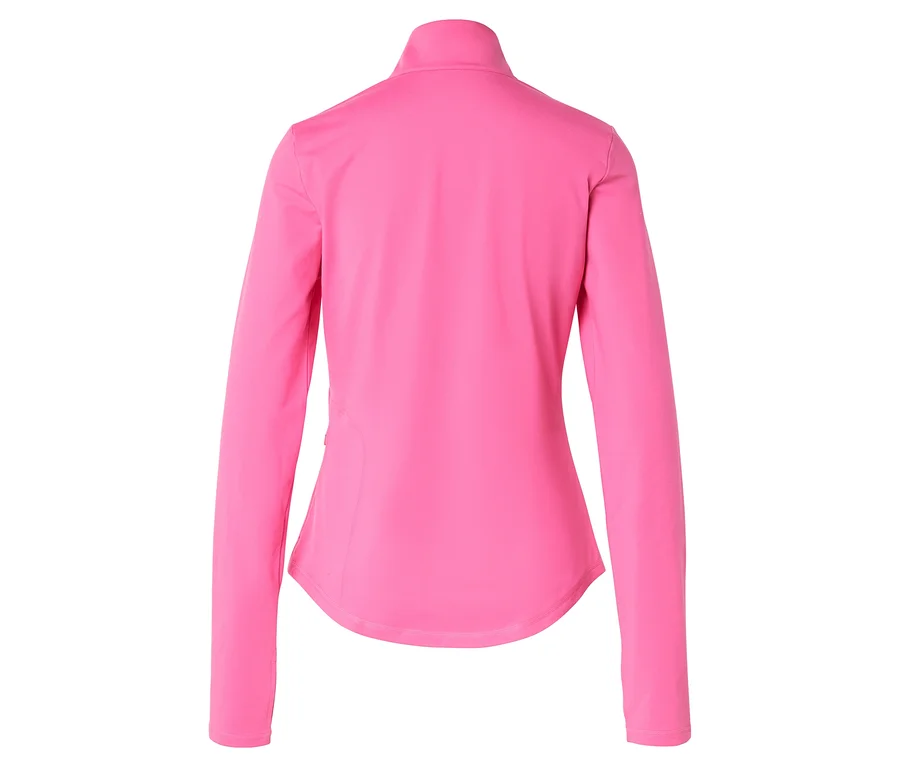 Rückansicht einer pinkfarbenen, langärmeligen Jacke mit Reißverschluss und Stehkragen.