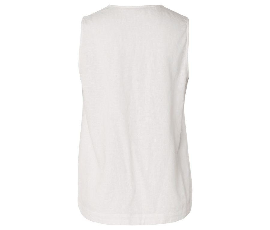 Rückansicht eines ärmellosen, weißen Oberteils.