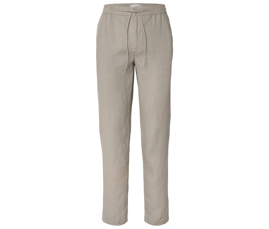 Beige Leinenhose mit Kordelzugbund vor neutralem Hintergrund.