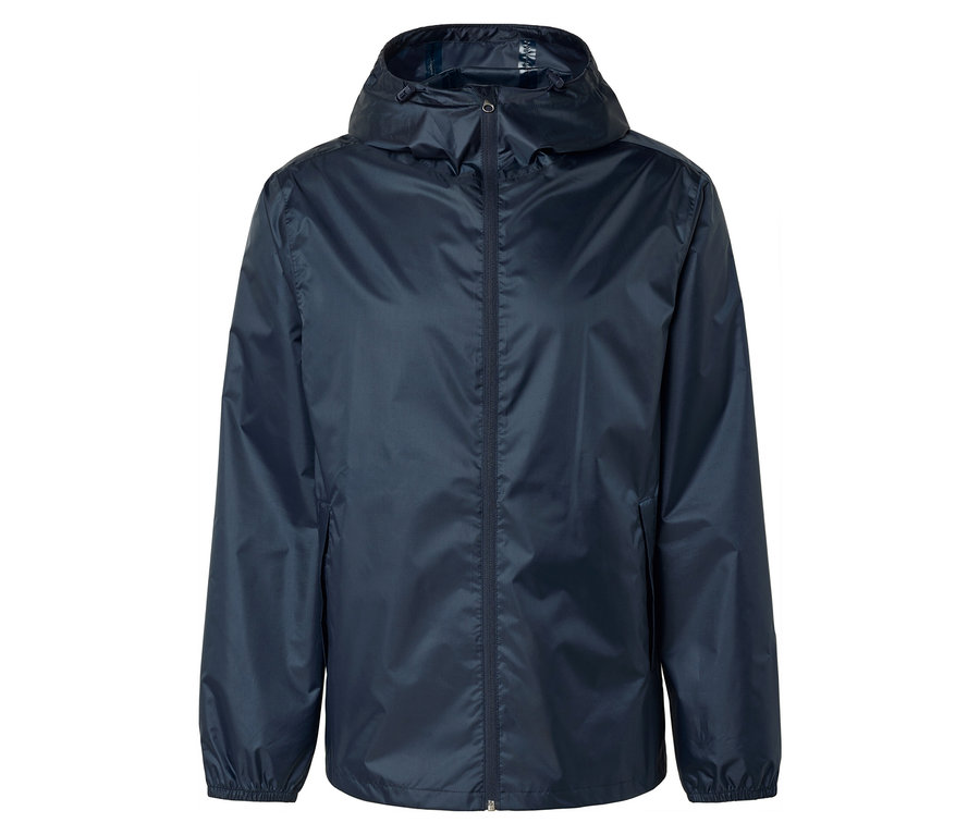 Marineblaue Regenjacke mit Kapuze und Reißverschluss.