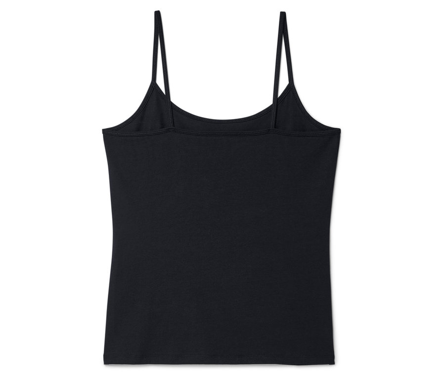 Schwarzes Tanktop mit Spaghettiträgern, von hinten fotografiert.