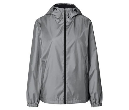 Graue Regenjacke mit Kapuze und schwarzem Reißverschluss.