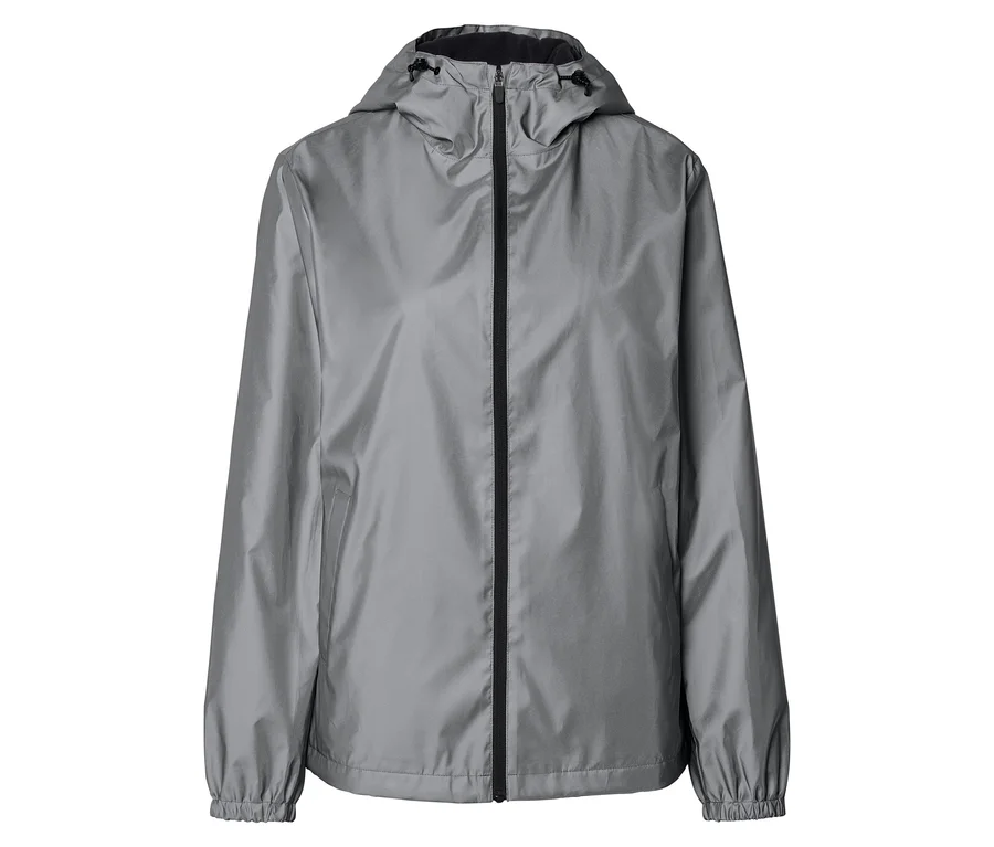 Graue Regenjacke mit Kapuze und schwarzem Reißverschluss.