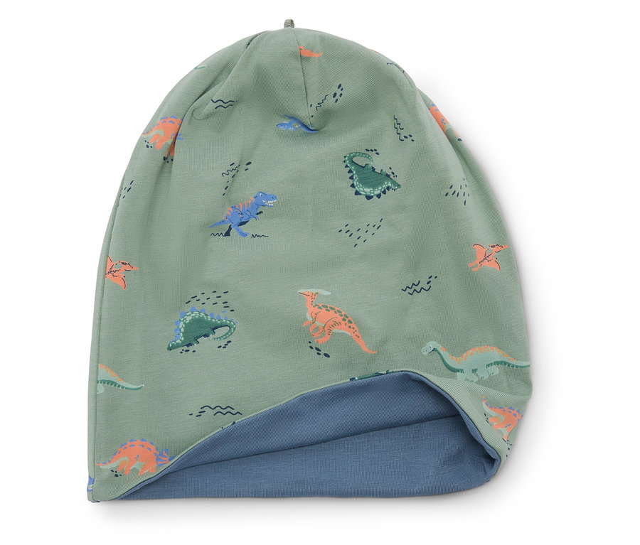 Hellgrüne Mütze mit Dinosaurier-Muster und blauem Futter.