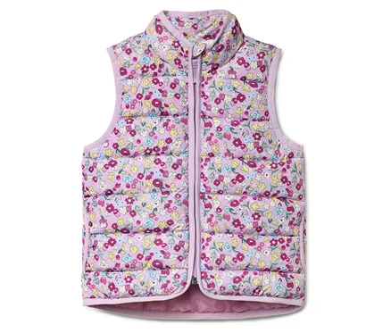 Lila Kinderweste mit Blumenmuster und Reißverschluss.