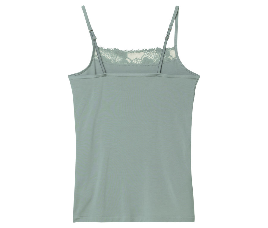 Rückansicht eines ärmellosen, mintgrünen Damenoberteils mit Spitze am Ausschnitt und verstellbaren Trägern.