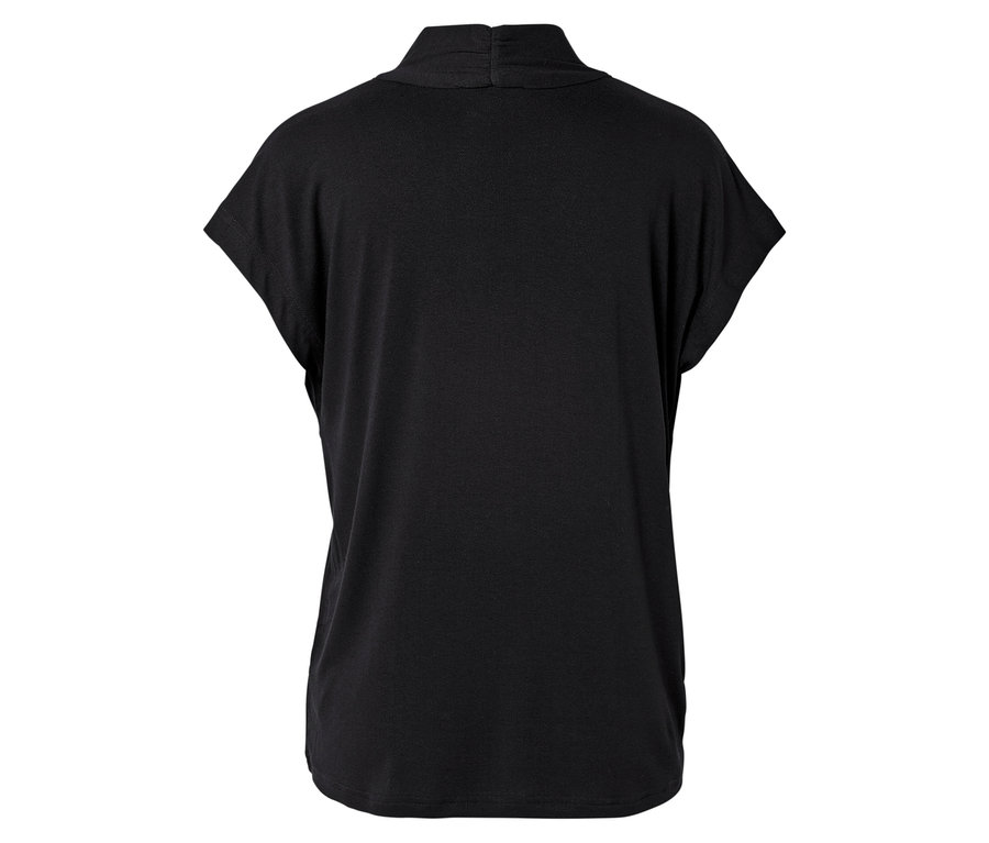 Rückansicht einer schwarzen Bluse mit Kragen und kurzen Ärmeln.