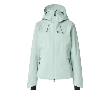 Hellmintgrüne Funktionsjacke mit Kapuze, durchgehendem Reißverschluss, Reißverschlusstasche auf der Brust und zwei seitlichen Reißverschlusstaschen. Die Jacke hat verstellbare Ärmelbündchen mit schwarzen Innenbündchen.