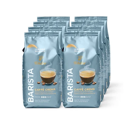 Mehrere Packungen Barista Caffè Crema Kaffee in grauer Verpackung mit Kaffeetassenbild.