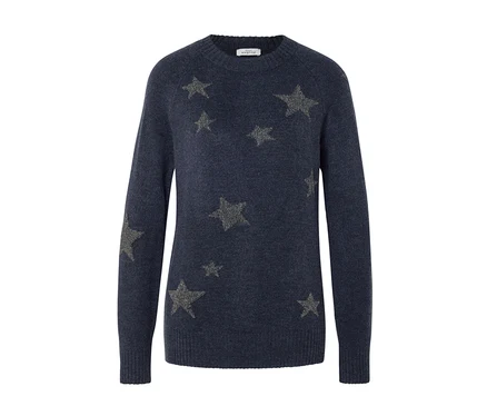 Dunkelblauer Langarmpullover mit Rundhalsausschnitt und verstreuten glitzernden Sternen.