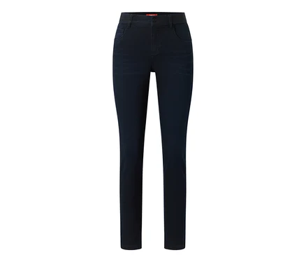 Dunkelblaue Jeans mit Knopfverschluss, Gürtelschlaufen und Vordertaschen, auf weißem Hintergrund.