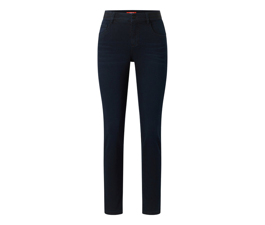 Dunkelblaue Jeans mit Knopfverschluss, Gürtelschlaufen und Vordertaschen, auf weißem Hintergrund.