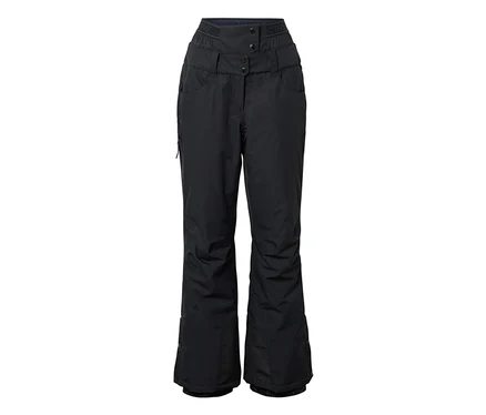 Schwarze Ski- und Snowboardhose mit hohem Bund, Knopfverschluss und Reißverschlusstaschen.