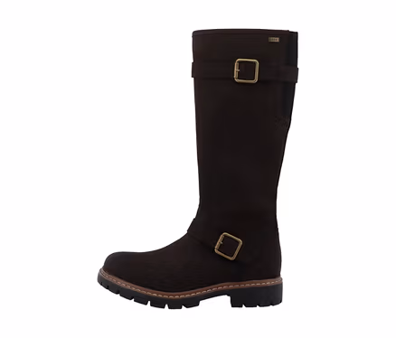 Dunkelbrauner Tom Tailor Stiefel aus Wildlederimitat mit zwei messingfarbenen Schnallen und profilierter Sohle.