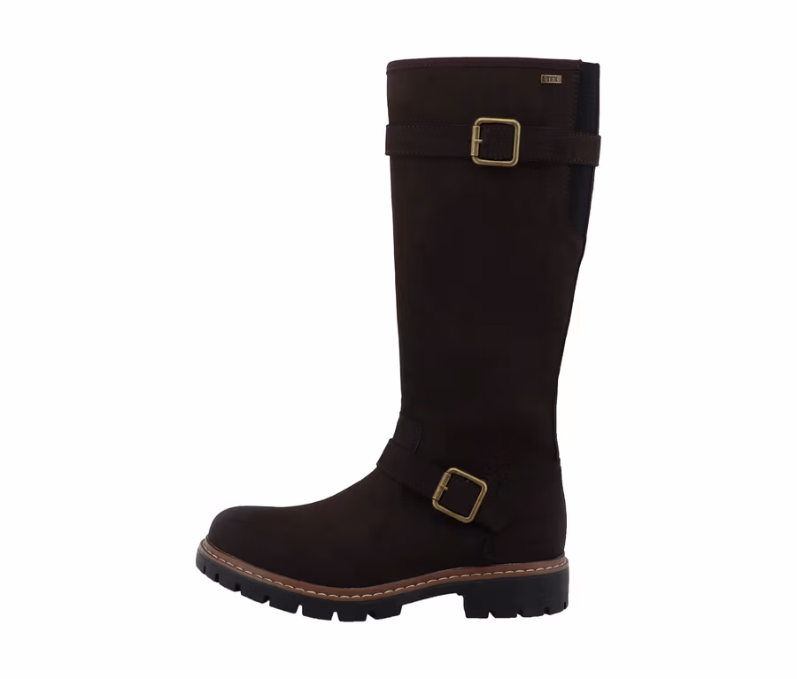 Dunkelbrauner Tom Tailor Stiefel aus Wildlederimitat mit zwei messingfarbenen Schnallen und profilierter Sohle.