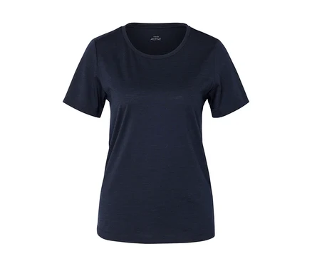 Dunkelblaues, kurzärmeliges T-Shirt mit Rundhalsausschnitt auf weißem Hintergrund.