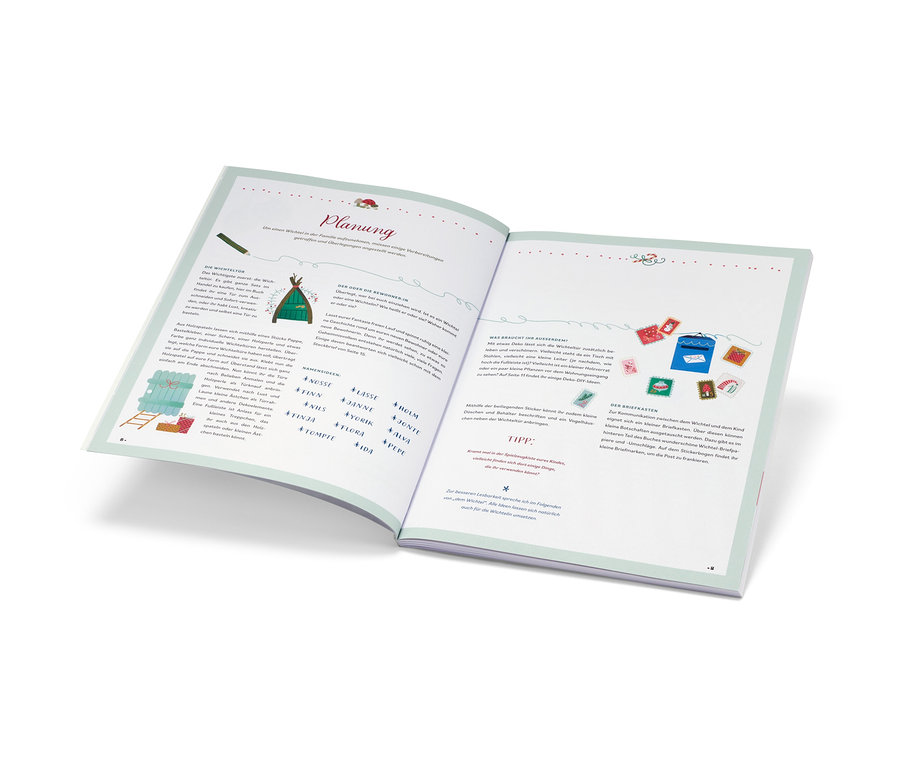 Ein geöffnetes Buch zeigt Seiten mit Illustrationen und Text zum Thema Planung. Zu sehen ist das Buch »Hurra, ein Wichtel zieht ein!«.