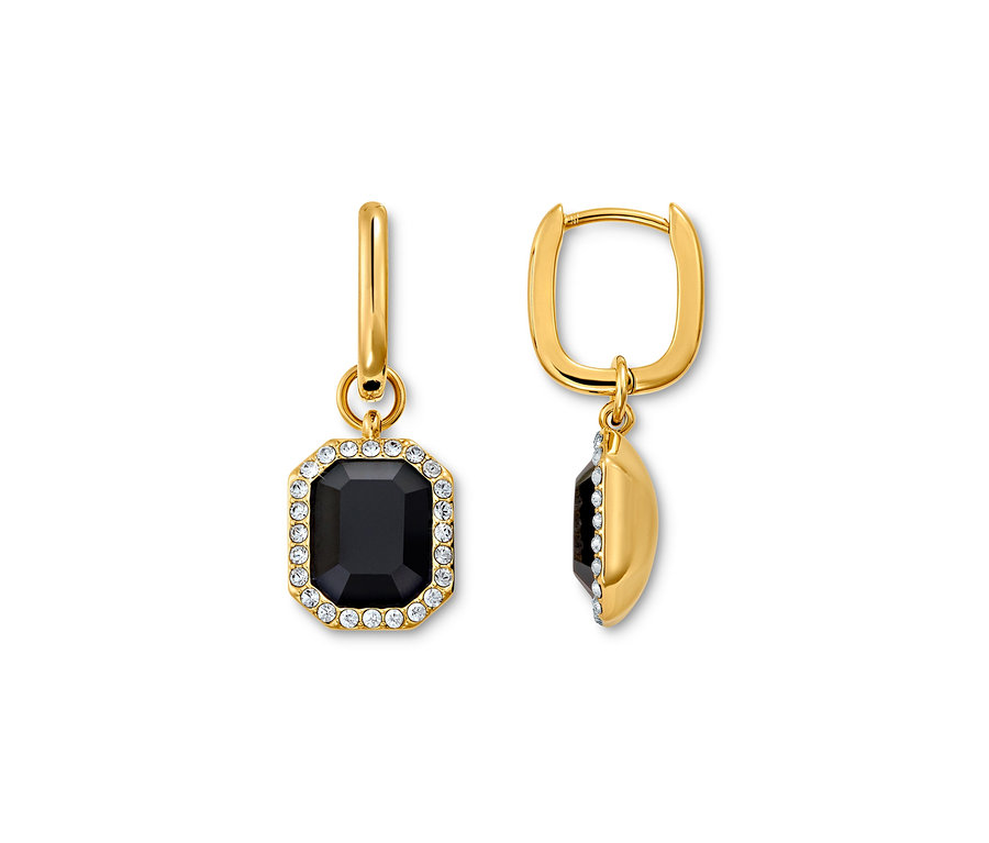 Zwei goldene Creolen Royal Black Ohrringe mit schwarzem Stein und klaren Kristallen.