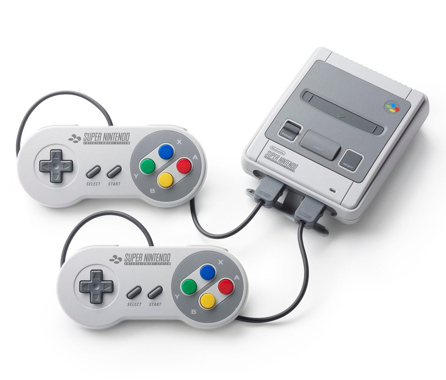 Zwei graue Controller und eine Nintendo Classic Mini: Super Nintendo Entertainment System-Spielkonsole auf weißem Hintergrund.