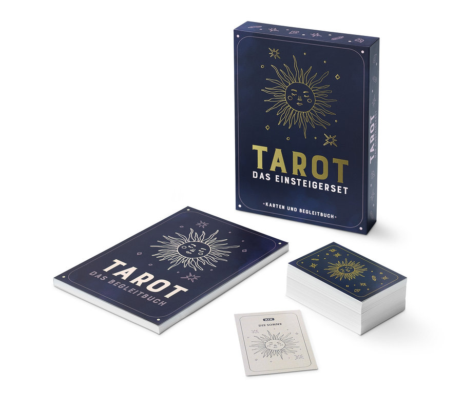 Tarot – das Einsteiger-Set mit Karten und Begleitbuch auf weißem Hintergrund.