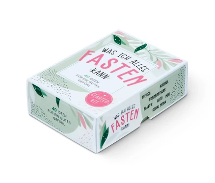 Eine weiße Schachtel des Starter-Kits Fasten: »Was ich alles fasten kann« mit rosa Schrift.