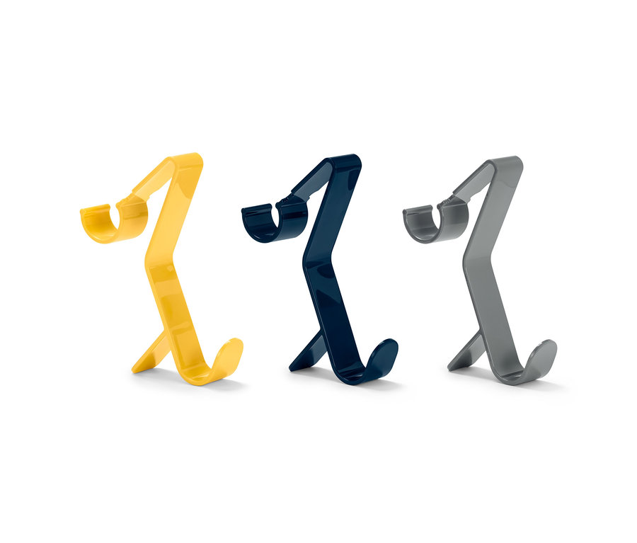 Gelbe, dunkelblaue und graue 3 Clip-Haken, mehrfarbig, auf weißem Hintergrund.