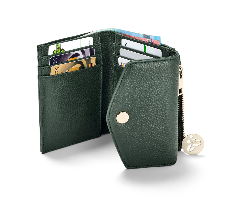 Offene kleine Geldbörse in Dunkelgrün mit Karten und Banknoten im Inneren.
