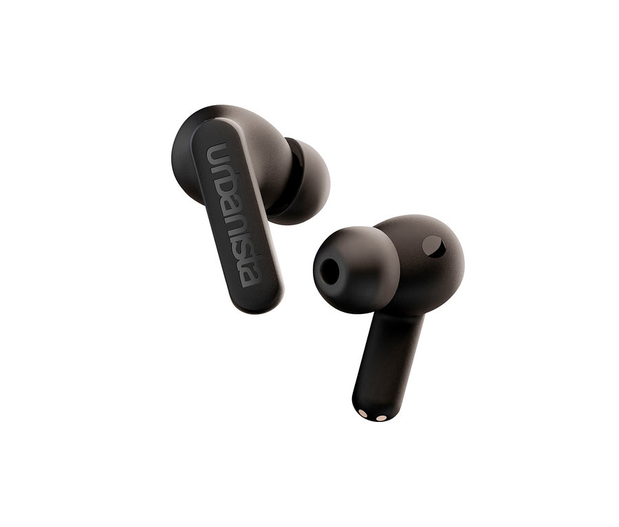 Zwei schwarze In-Ear Kopfhörer mit Solarladefunktion »Urbanista Phoenix« auf weißem Hintergrund.