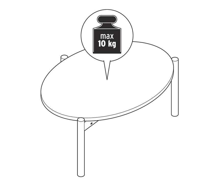 Schwarz-weiße Zeichnung eines ovalen Tisches mit runden Beinen und einer Beschriftung zum maximalen Gewicht von 10 kg.