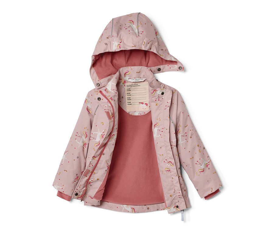 Kinder-Thermo-Regenjacke, rosa, mit Kapuze und Einhorn- und Sternchenmuster.
