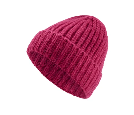 Eine himbeerfarbene Strickmütze.