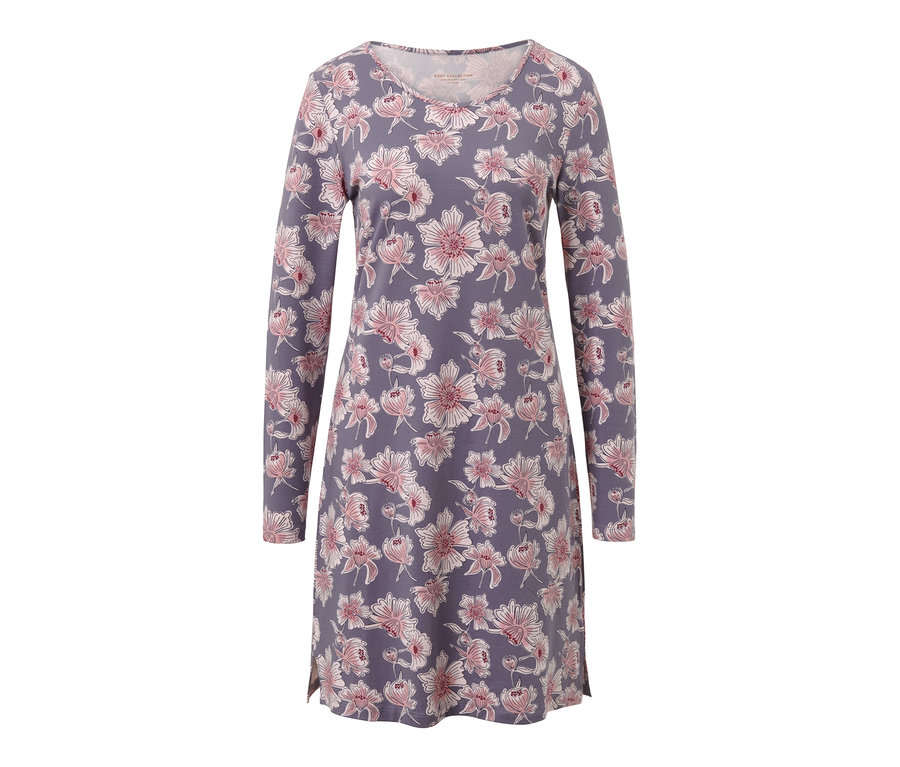 Lila Nachthemd mit langen Ärmeln und Blumenmuster.