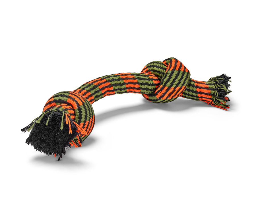 Ein Hundespielzeug »Tau« mit Knoten und Fransen in Orange, Olivgrün und Schwarz.