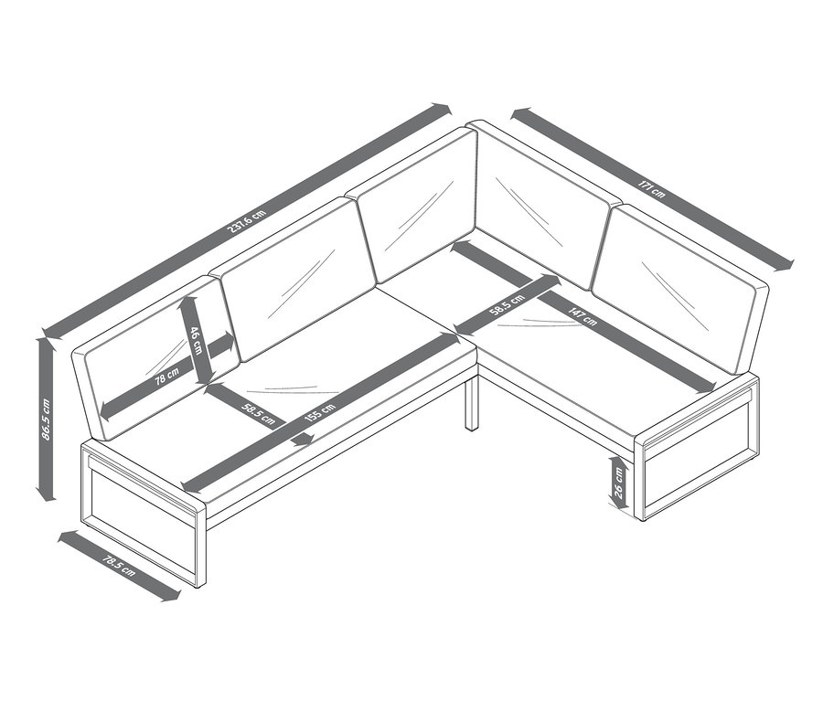 Abmessungen der Dining-Lounge-Ecke »Elin« mit Premium-Komfort-Kissen.