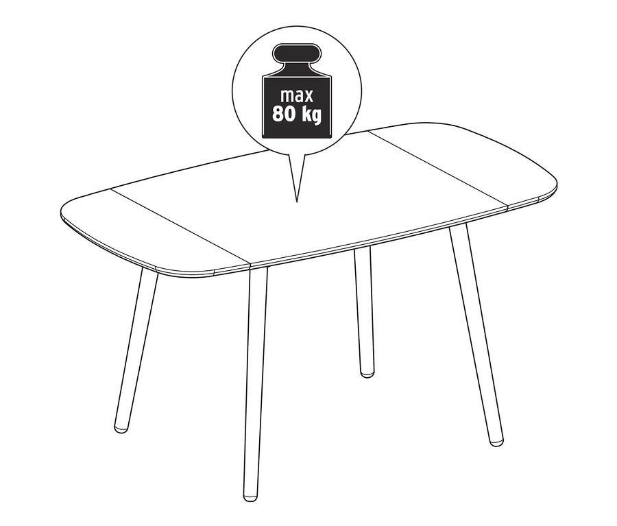 Zeichnung eines klappbaren Esstisches mit einer maximalen Belastbarkeit von 80 kg.
