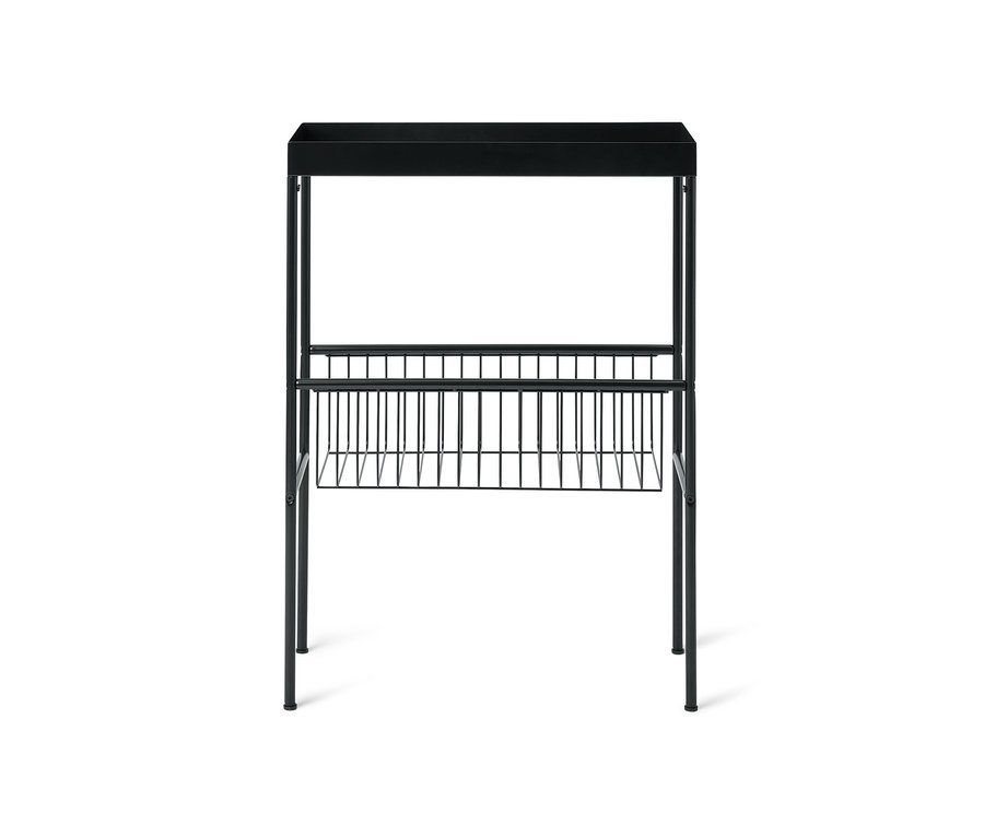 Schmale schwarze Konsole mit Ablageflächen.