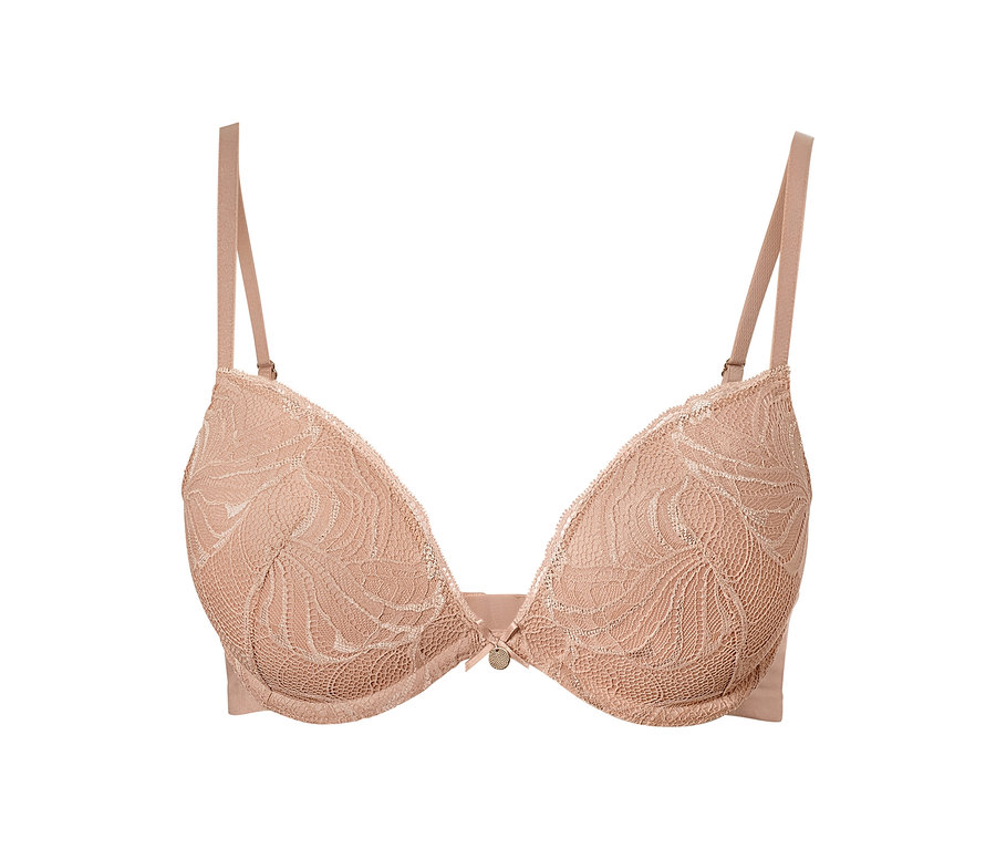 Detailansicht eines beigen Push-up-BHs mit floraler Spitze.