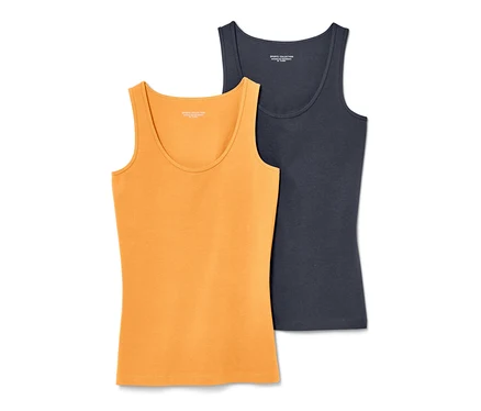 Zwei Tops, eines orange und eines dunkelblau.