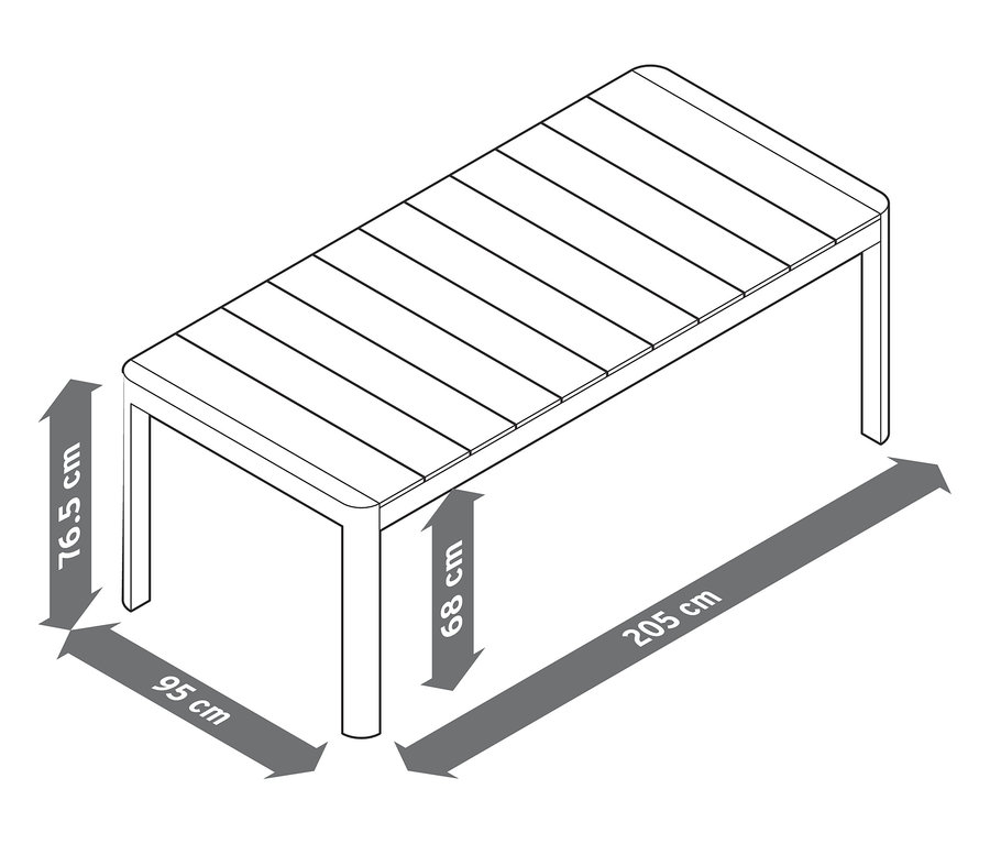 Zeichnung eines Ausziehtisches mit Polywood-Tischplatte und den angegebenen Abmessungen.