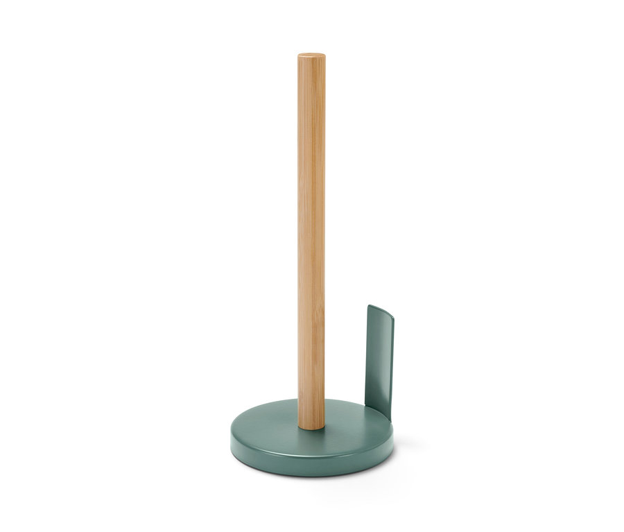 Ein Küchenrollenhalter mit einem Holzstab und einem grünen Sockel.