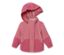 Rosa Kinder-Softshelljacke mit Farbwechsel bei Regen, mit Kapuze, liegt auf weißem Hintergrund.