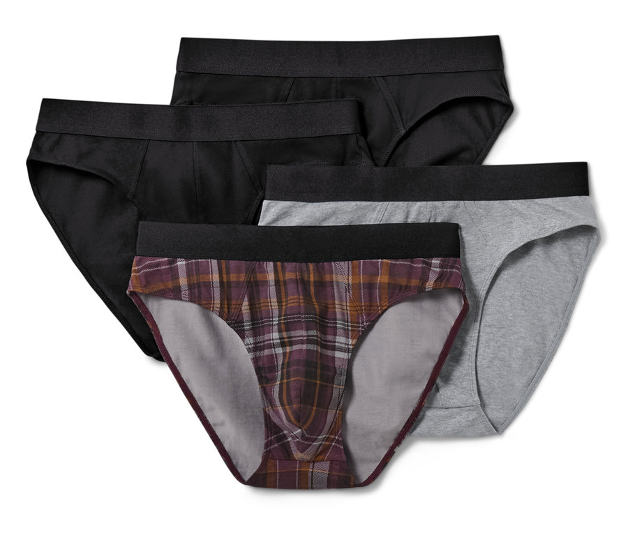 Vier Herrenslips: zwei schwarze, einer grau und einer kariert.