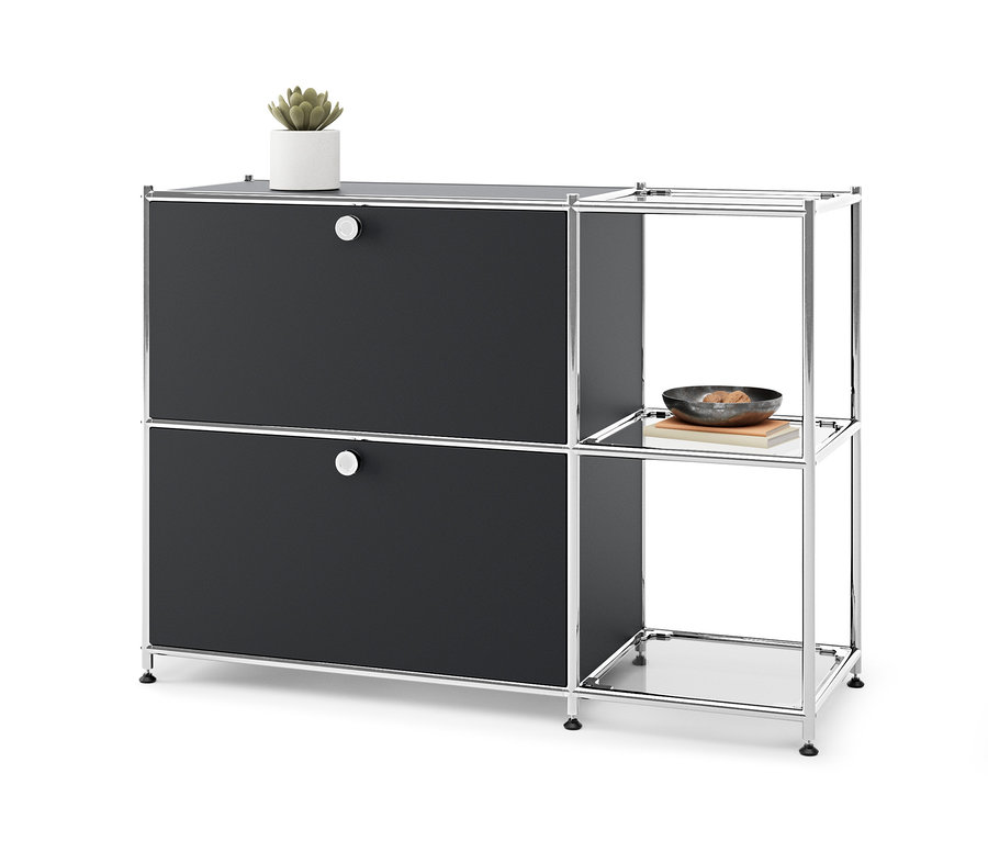 Schwarzes Sideboard Metall »CN3« mit 2 Klappenfächern, obenauf eine Topfpflanze.