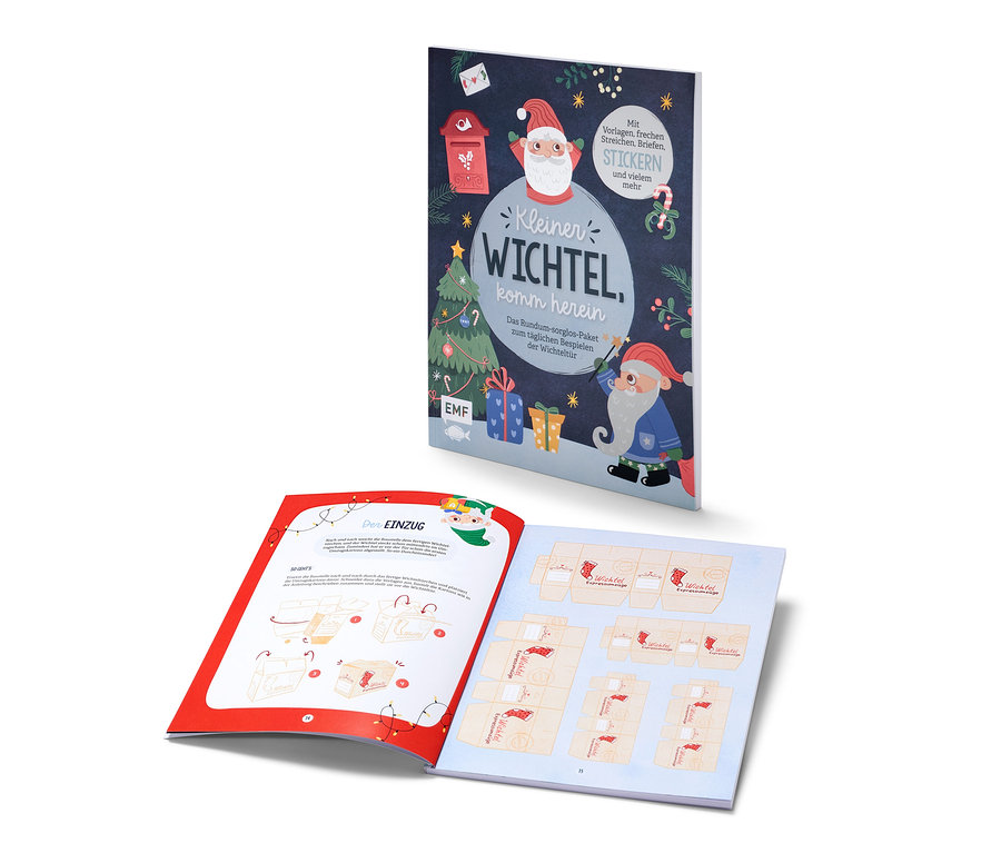 Abbildung des Buchs »Kleiner Wichtel, komm herein« mit Illustrationen und Text.